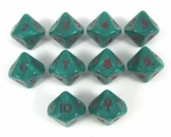 Ankh d10 Dice Block Green with red numbers