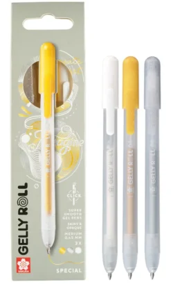 Mixed Set 3 Gel Pens Black-White-Clear Sparkle